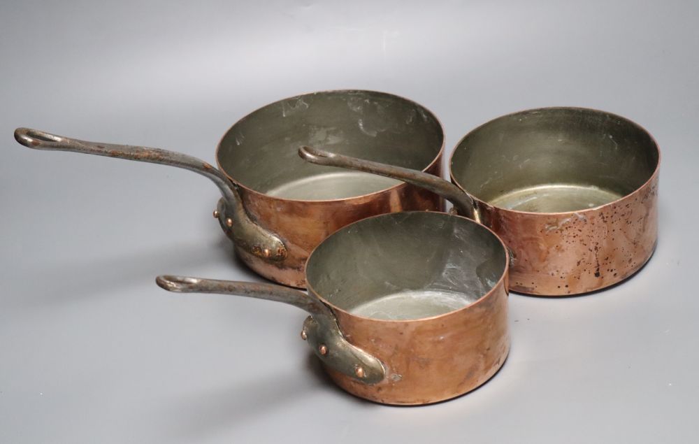 Three copper saucepans and three other copper cooking utensils